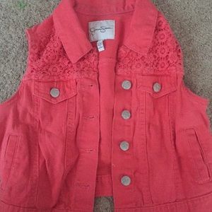 Hot coral jean cut off sleeves jacket